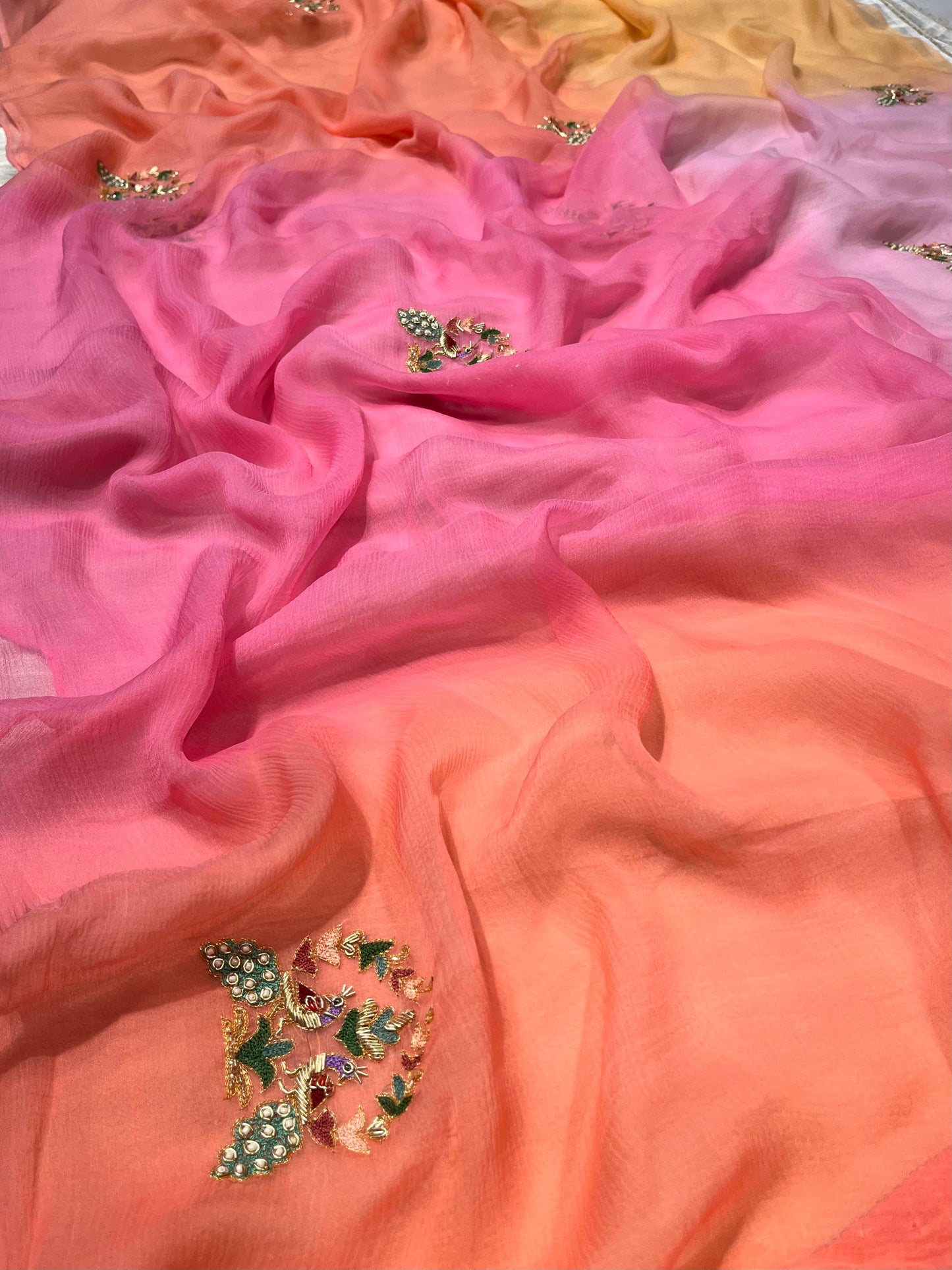 ( DELIVERY IN 25 DAYS ) SHADED CHIFFON HAND EMBROIDERED SAREE EMBELLISHED WITH ZARDOZI & CUTDANA WORK