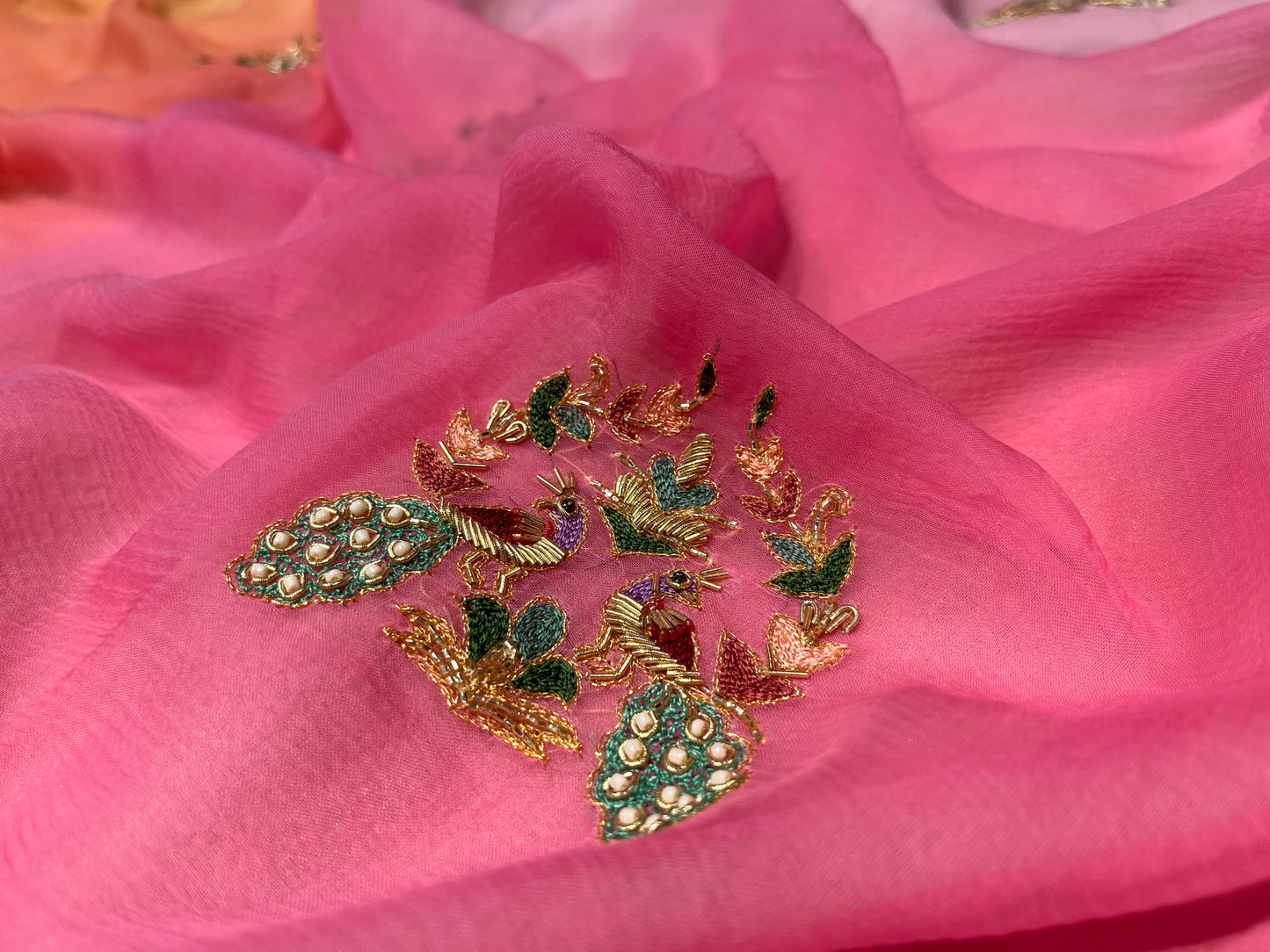 ( DELIVERY IN 25 DAYS ) SHADED CHIFFON HAND EMBROIDERED SAREE EMBELLISHED WITH ZARDOZI & CUTDANA WORK
