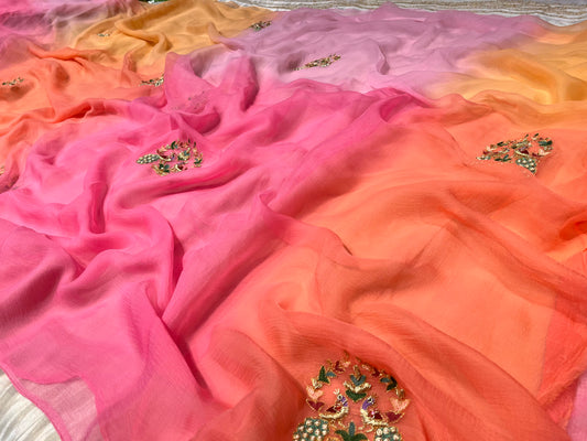 ( DELIVERY IN 25 DAYS ) SHADED CHIFFON HAND EMBROIDERED SAREE EMBELLISHED WITH ZARDOZI & CUTDANA WORK