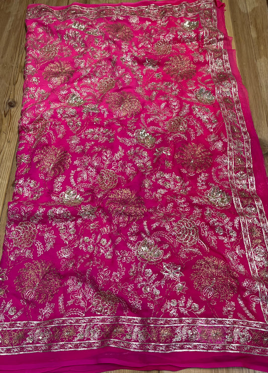 HOT PINK PURE CHIFFON SHADED HAND EMBROIDERED SAREE EMBELLISHED WITH AARI, SEQUINS WORK