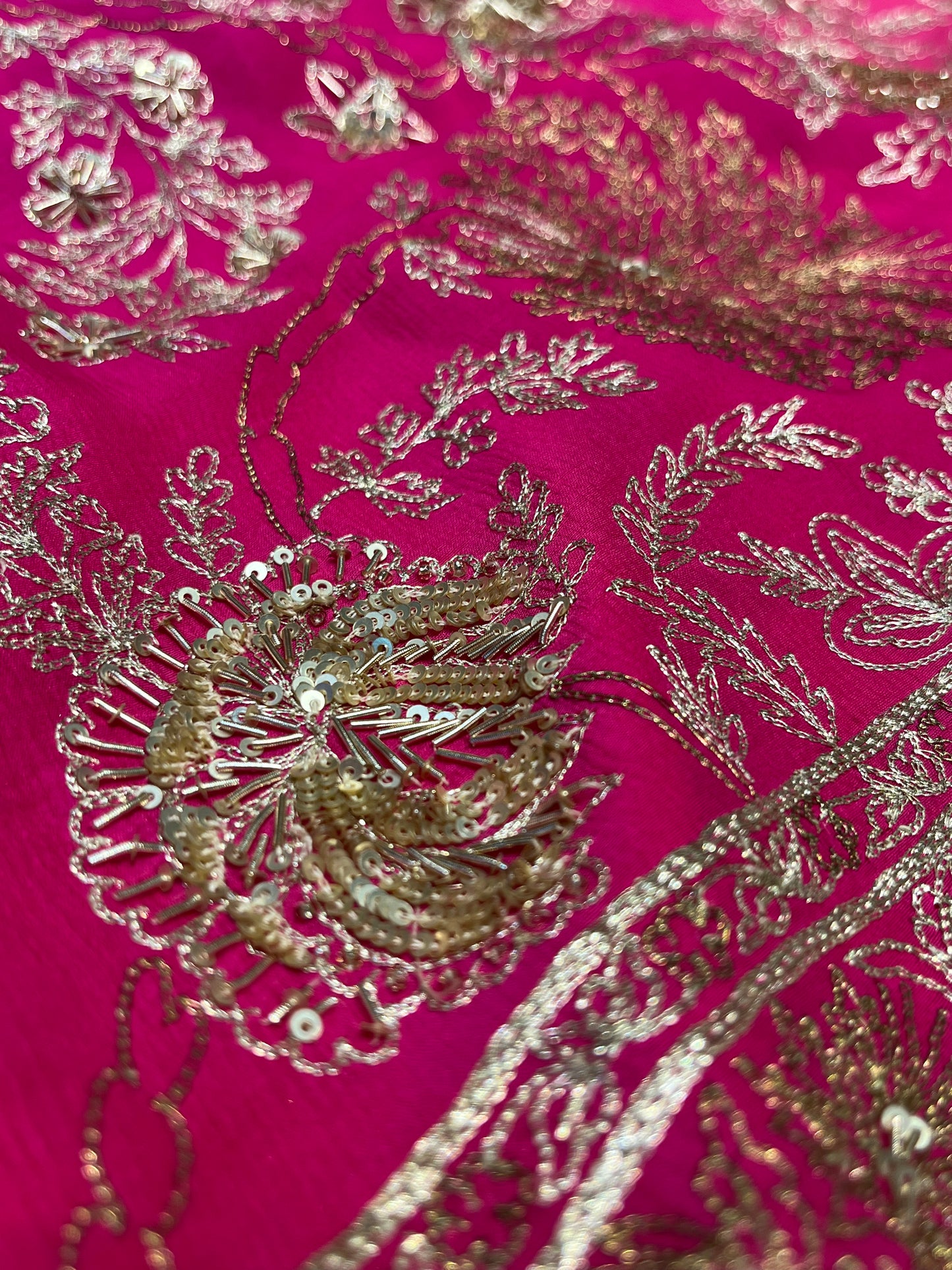 HOT PINK PURE CHIFFON SHADED HAND EMBROIDERED SAREE EMBELLISHED WITH AARI, SEQUINS WORK