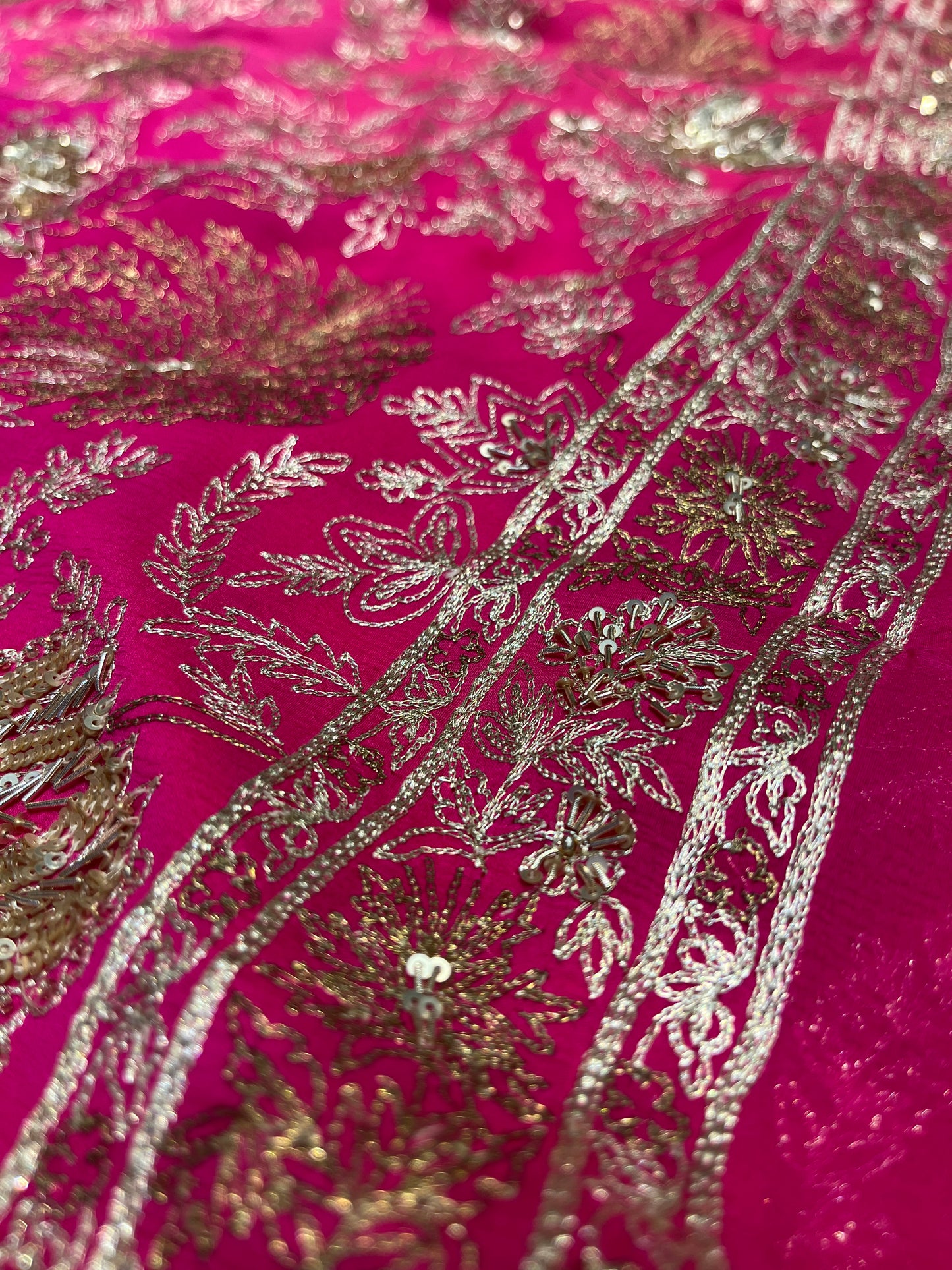 HOT PINK PURE CHIFFON SHADED HAND EMBROIDERED SAREE EMBELLISHED WITH AARI, SEQUINS WORK