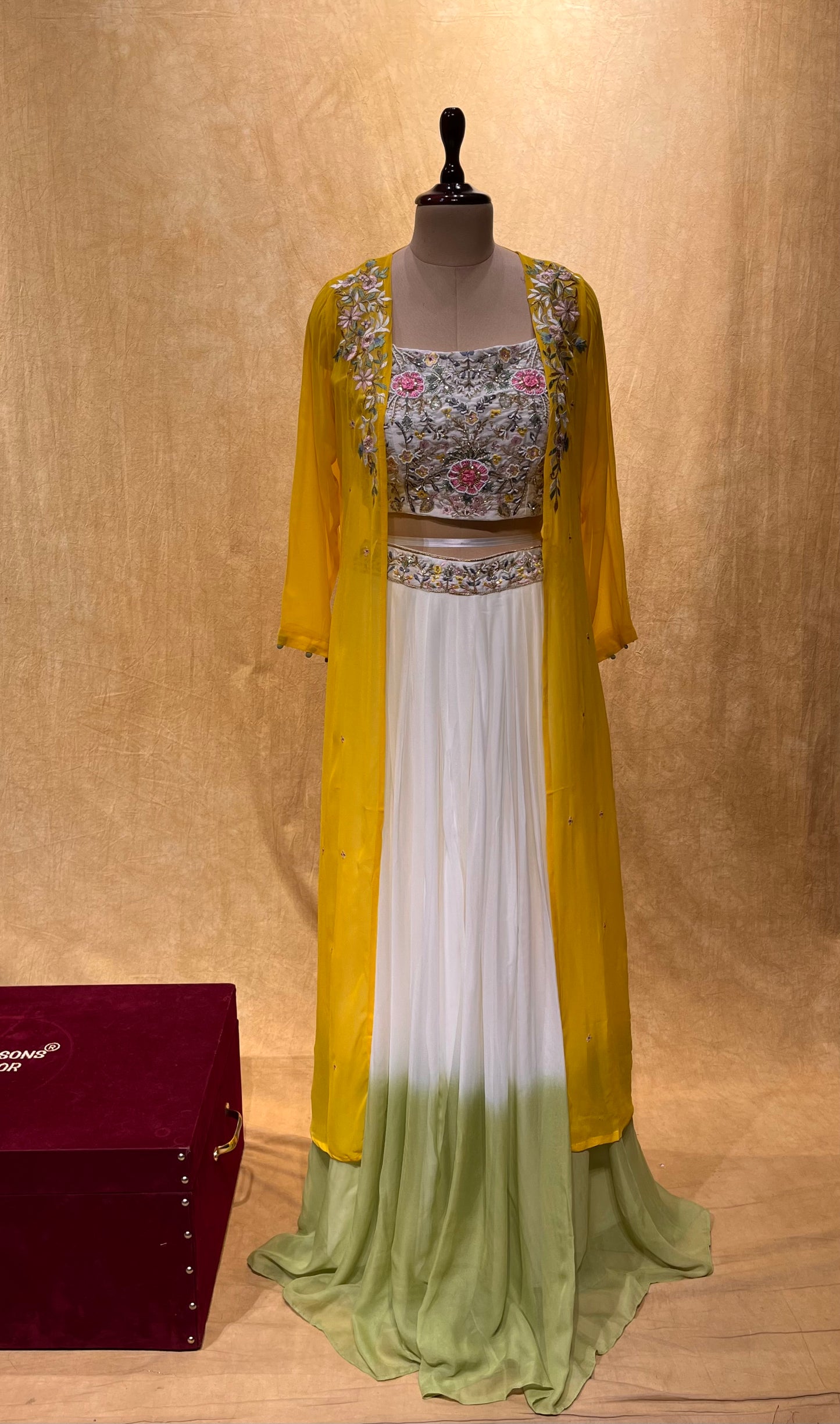 (DELIVERY IN 25 DAYS) WHITE & GREEN COLOUR GEORGETTE PALAZZO PANT WITH EMBROIDERED CROP TOP BLOUSE & SHRUG EMBELLISHED WITH RESHAM, BEADS & CUTDANA WORK