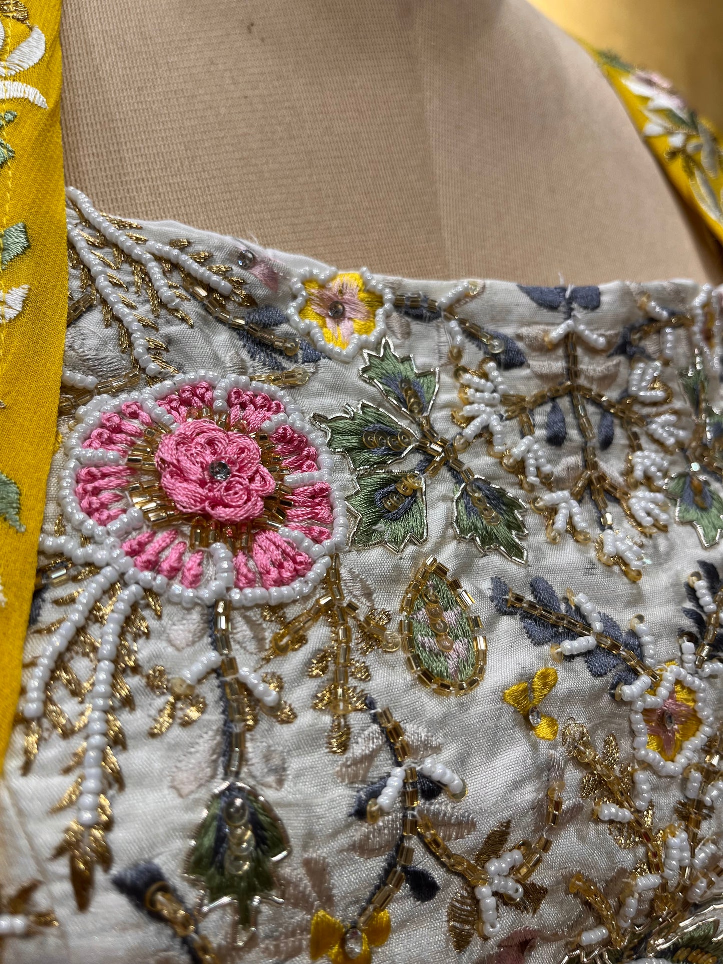 (DELIVERY IN 25 DAYS) WHITE & GREEN COLOUR GEORGETTE PALAZZO PANT WITH EMBROIDERED CROP TOP BLOUSE & SHRUG EMBELLISHED WITH RESHAM, BEADS & CUTDANA WORK