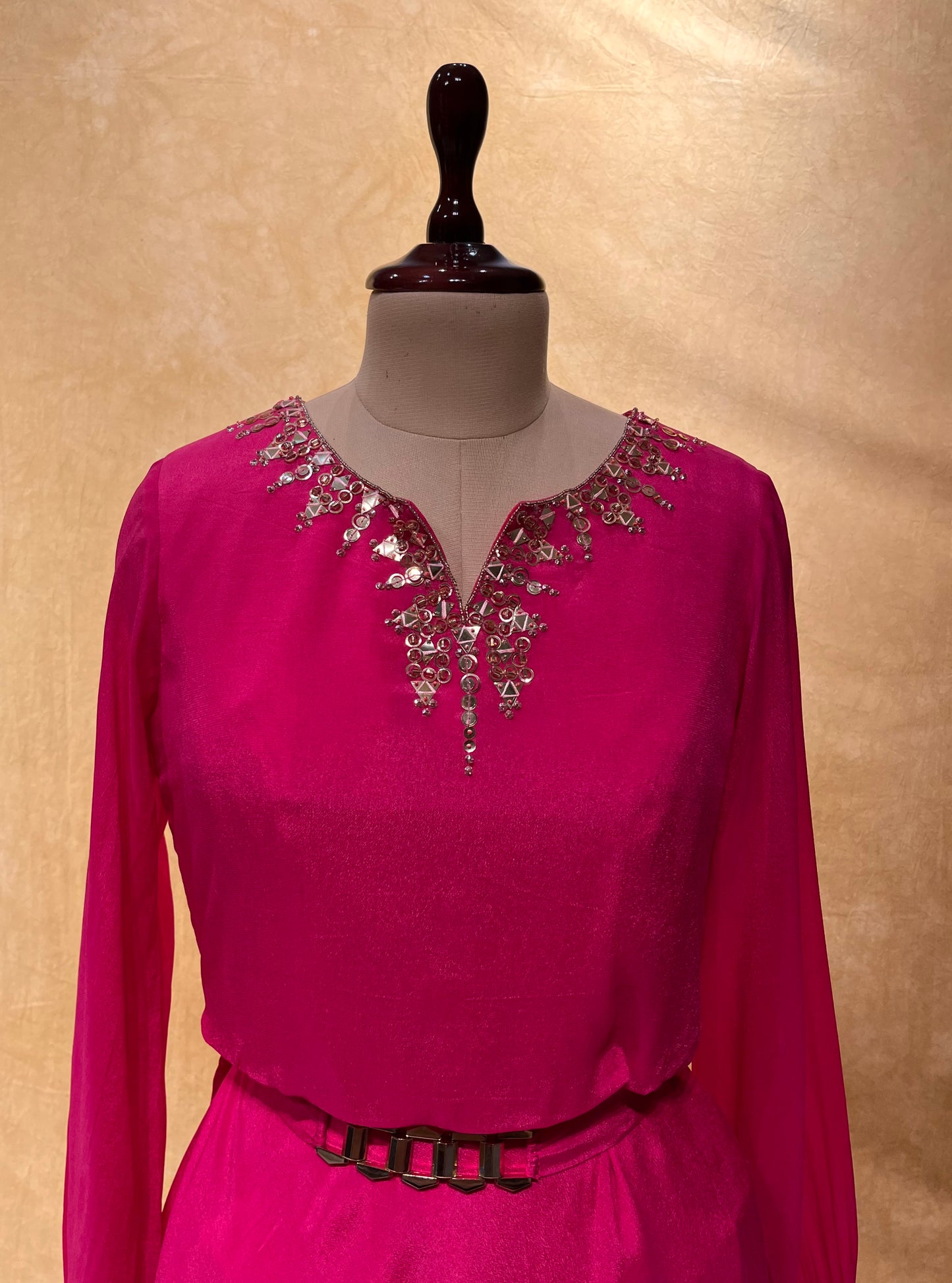 HOT PINK COLOUR CREPE SILK PANT WITH PEPLUM KURTA EMBELLISHED WITH BEADS & STONE WORK