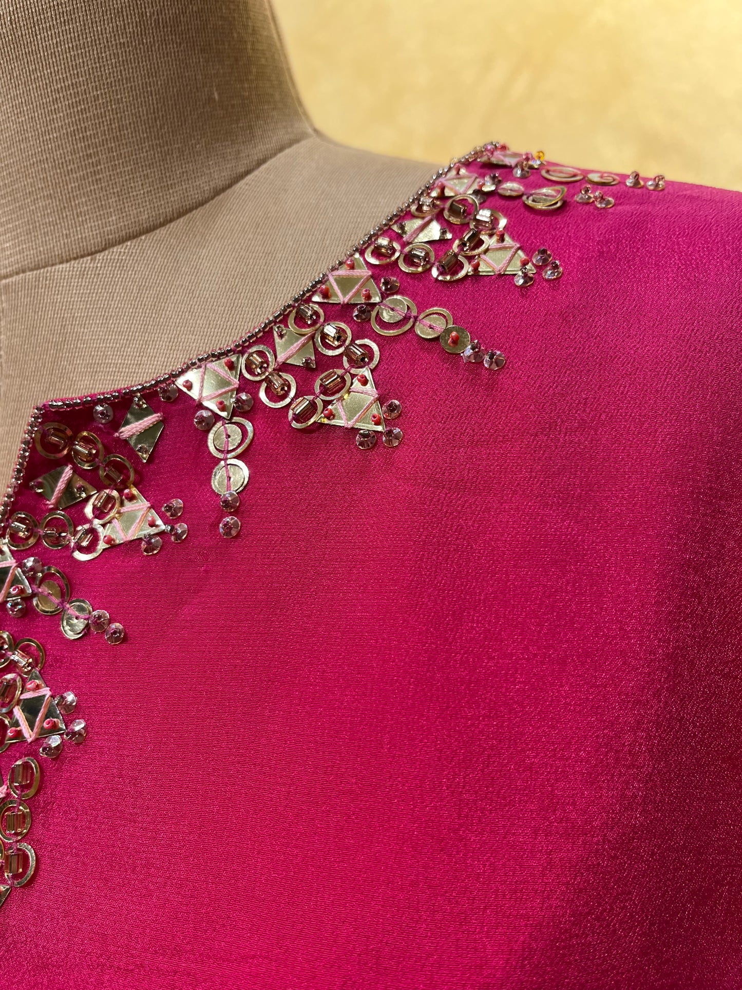 HOT PINK COLOUR CREPE SILK PANT WITH PEPLUM KURTA EMBELLISHED WITH BEADS & STONE WORK