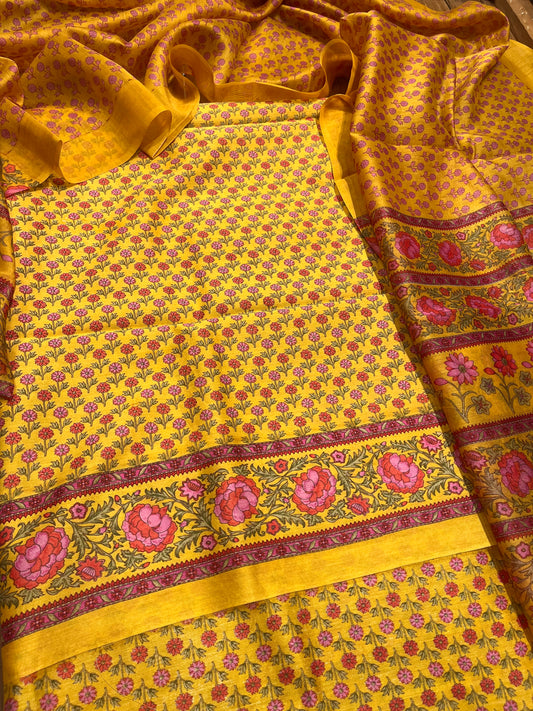 MUSTARD COLOUR CHANDERI SILK PRINTED UNSTITCHED SUIT ( DELIVERY IN 20-25 DAYS ) - Kothari Sons
