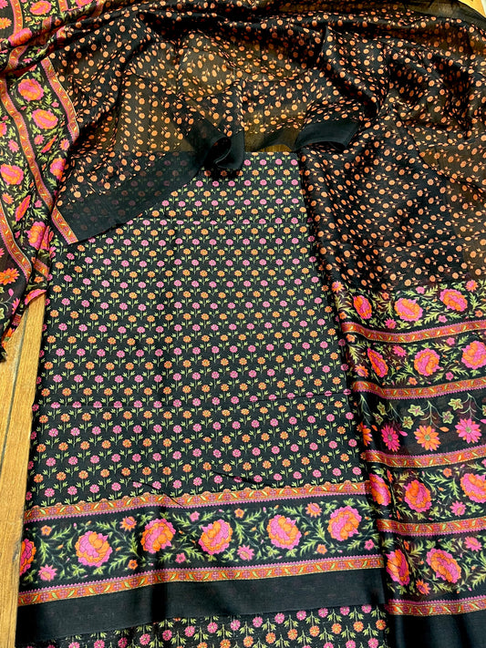 BLACK COLOUR CHANDERI SILK PRINTED UNSTITCHED SUIT ( DELIVERY IN 20-25 DAYS ) - Kothari Sons