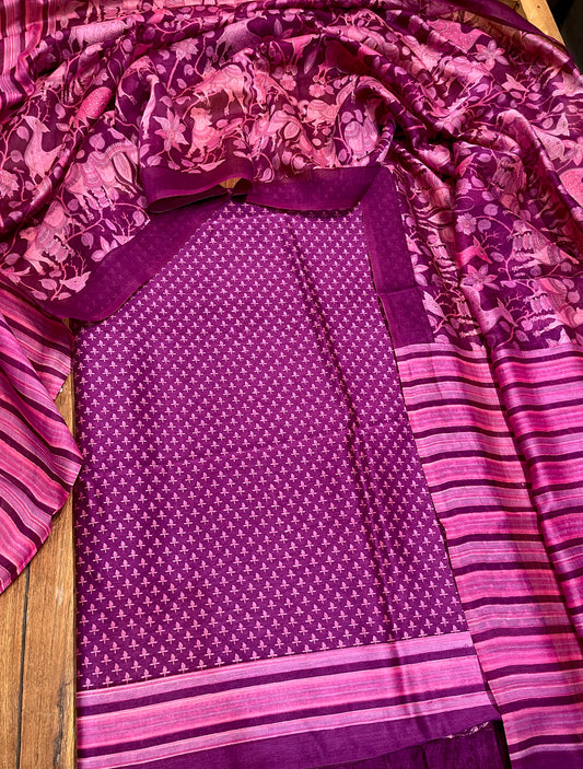 WINE COLOUR CHANDERI SILK PRINTED UNSTITCHED SUIT ( DELIVERY IN 20-25 DAYS ) - Kothari Sons