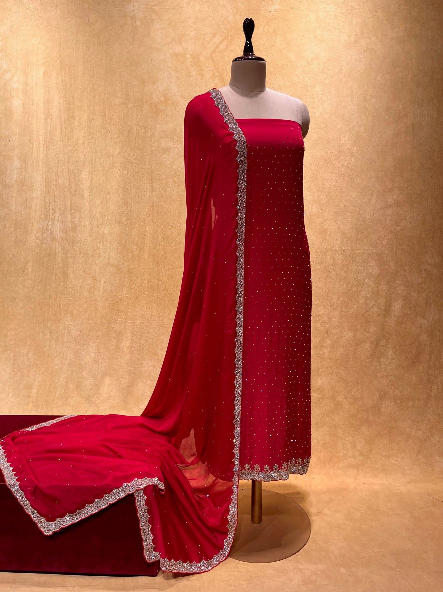 (Deliver in 20 Days) RED COLOUR CREPE SILK UNSTITCHED SUIT EMBELLISHED WITH CUTDANA & STONE WORK