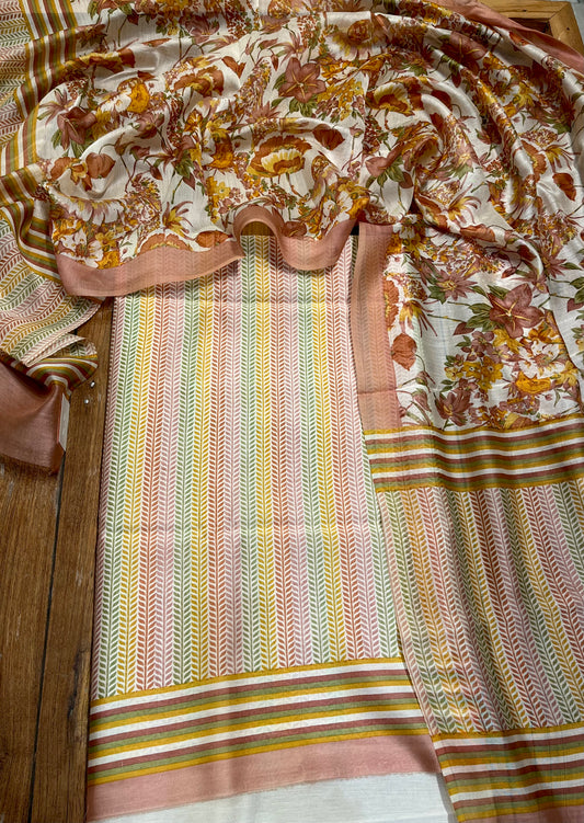 IVORY COLOUR CHANDERI SILK PRINTED UNSTITCHED SUIT ( DELIVERY IN 20-25 DAYS ) - Kothari Sons