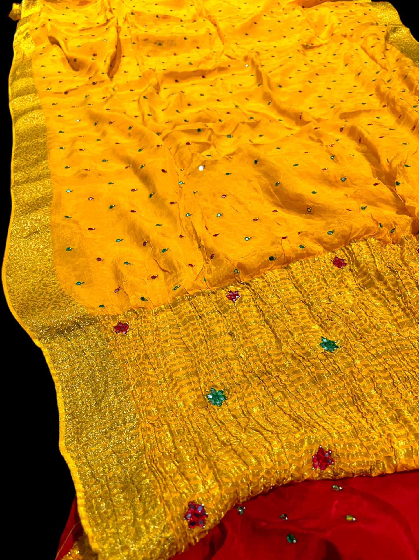 YELLOW CHINON FABRIC BANARASI BORDER MIRROR WORK SAREE WITH CONTRAST BLOUSE