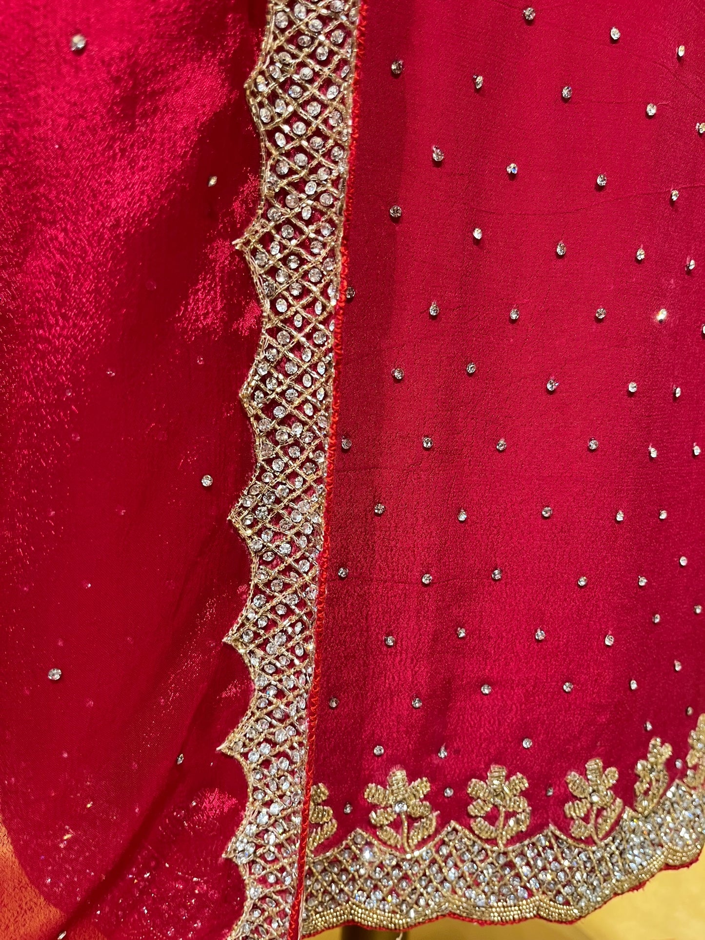 (Deliver in 20 Days) RED COLOUR CREPE SILK UNSTITCHED SUIT EMBELLISHED WITH CUTDANA & STONE WORK