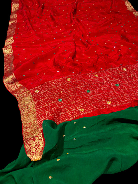 RED CHINON FABRIC ZARI BORDER MIRROR WORK SAREE WITH CONTRAST BLOUSE