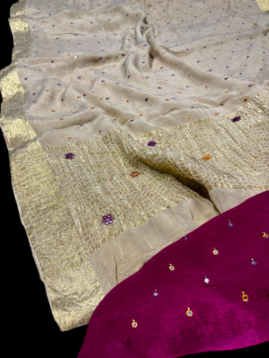 IVORY CHINON FABRIC BANARASI BORDER MIRROR WORK SAREE WITH CONTRAST BLOUSE