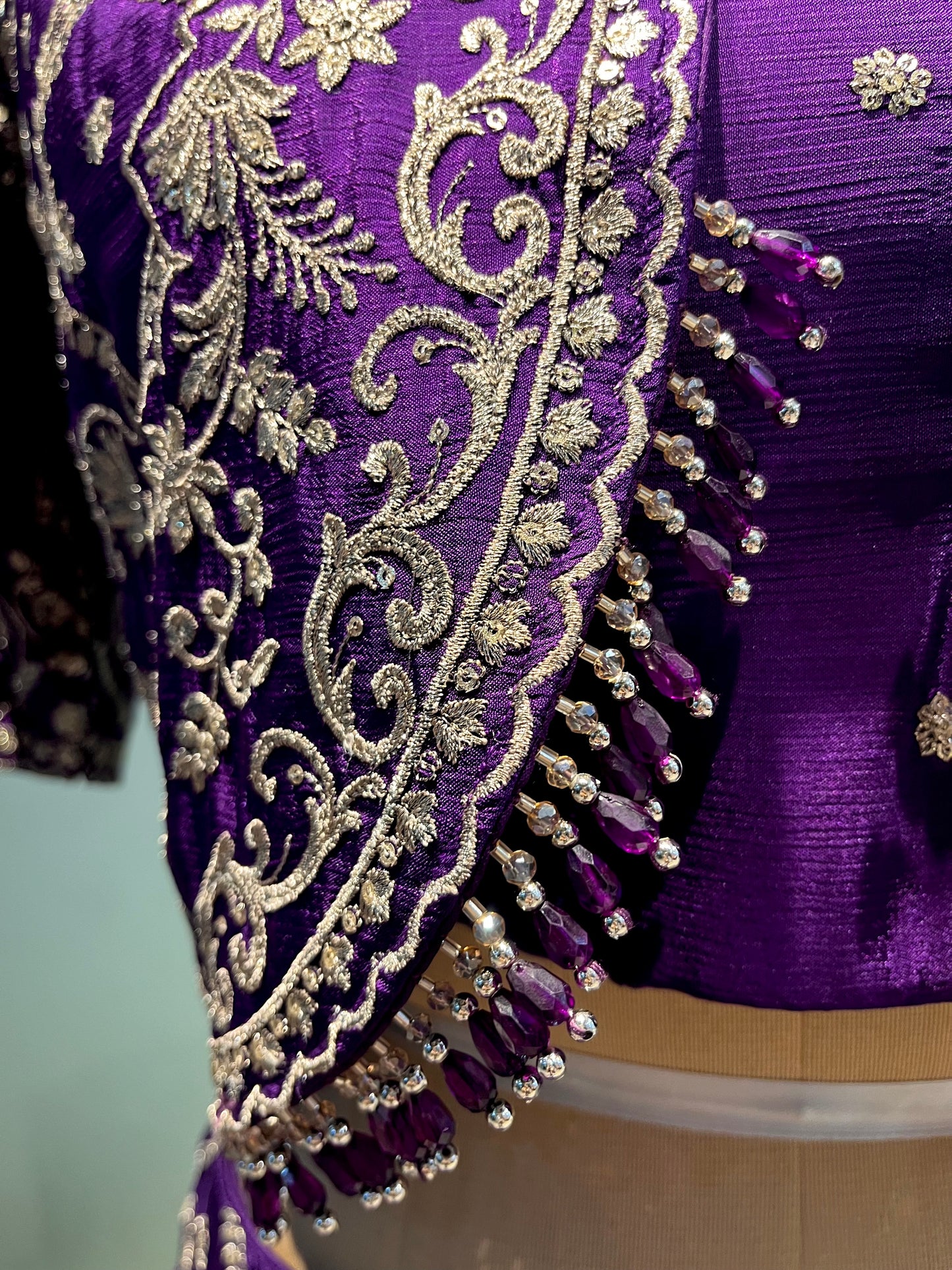 ( DELIVERY IN 15-20 DAYS ) PURPLE COLOUR CHINON HAND EMBROIDERED CROP TOP JACKET WITH SKIRT EMBELLISHED WITH ZARI WORK
