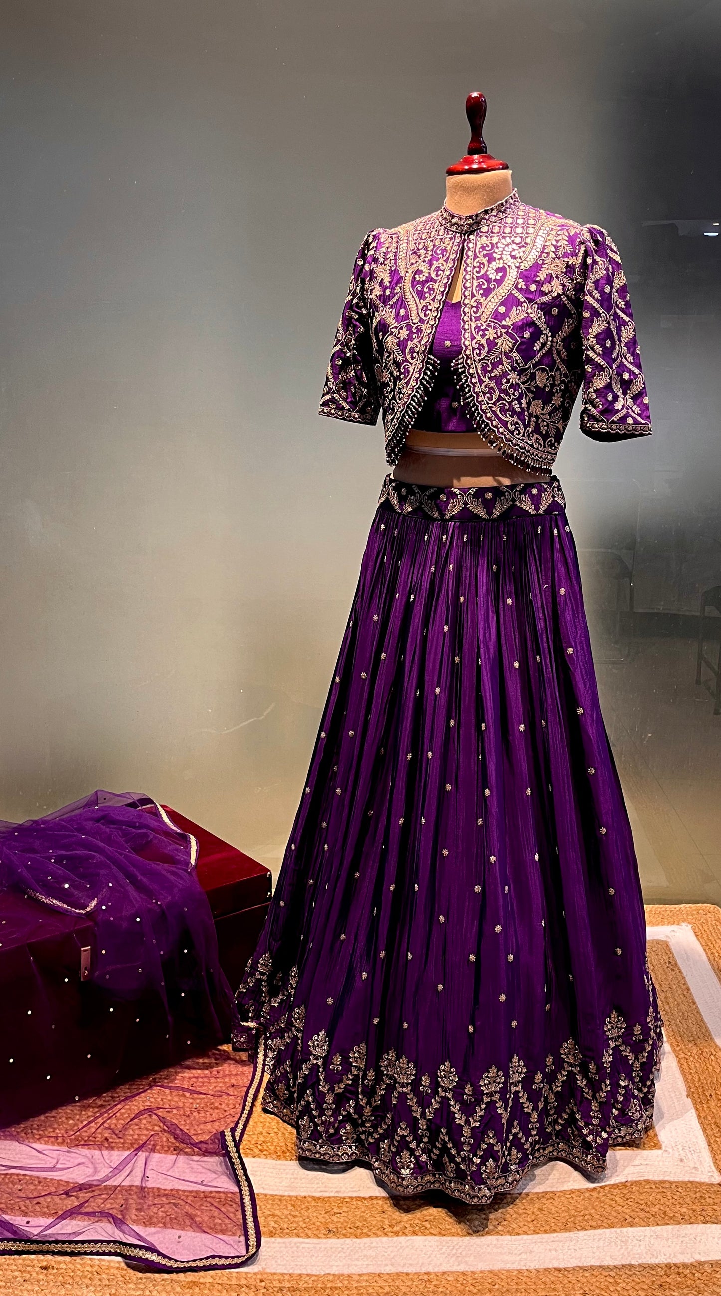 ( DELIVERY IN 15-20 DAYS ) PURPLE COLOUR CHINON HAND EMBROIDERED CROP TOP JACKET WITH SKIRT EMBELLISHED WITH ZARI WORK