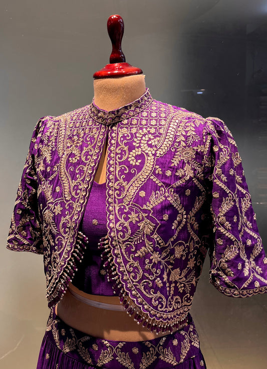 ( DELIVERY IN 15-20 DAYS ) PURPLE COLOUR CHINON HAND EMBROIDERED CROP TOP JACKET WITH SKIRT EMBELLISHED WITH ZARI WORK