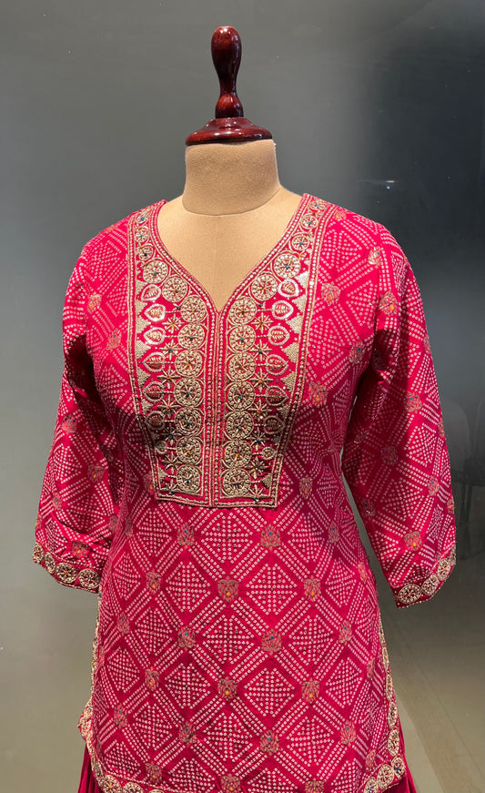 HOT PINK COLOUR DOLA SILK KURTA WITH GEORGETTE SKIRT & NET DUPATTA EMBELLISHED WITH ZARI & SEQUINS WORK