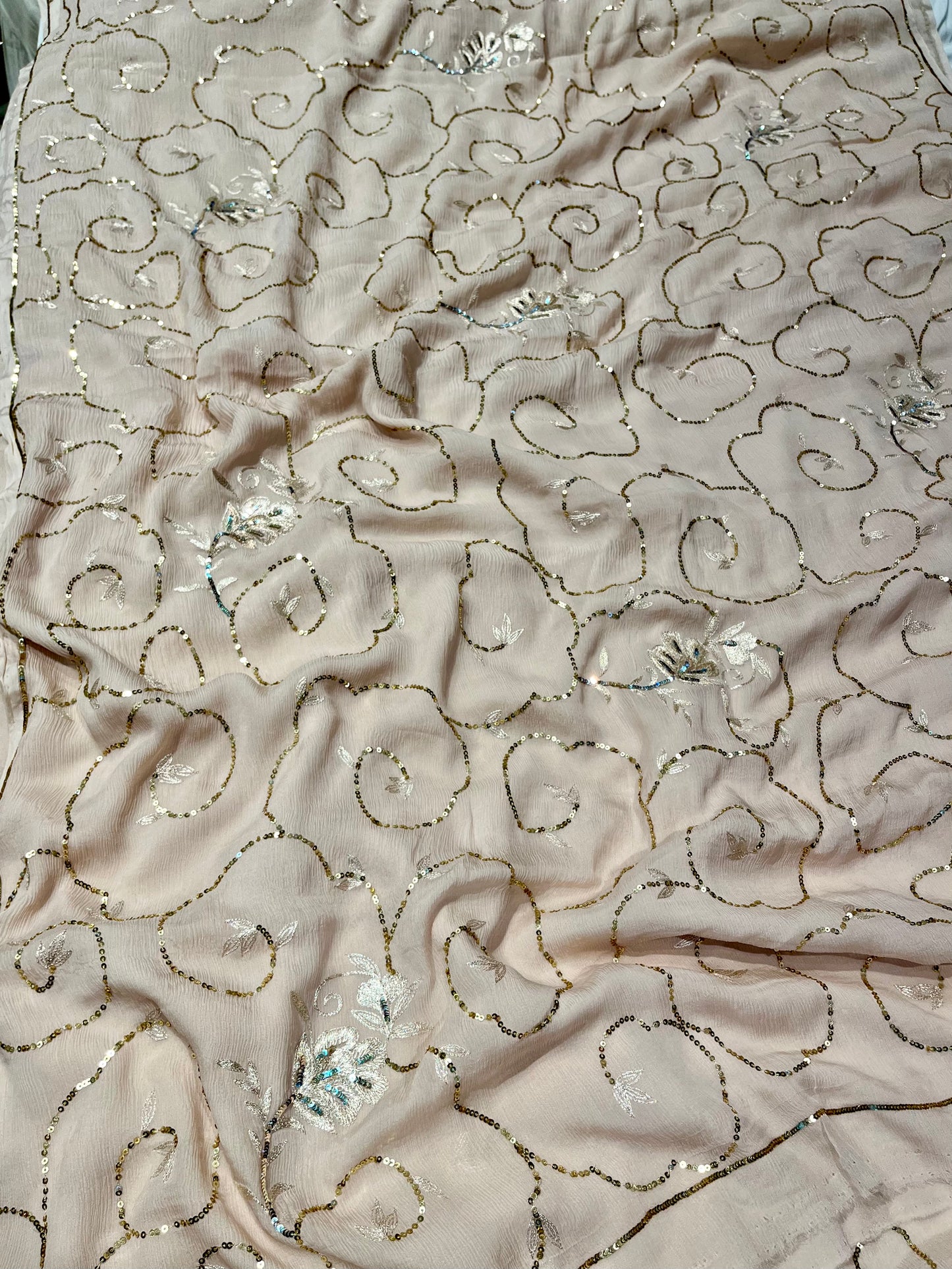 IVORY COLOUR PURE CHIFFON HAND EMBROIDERED SAREE EMBELLISHED WITH ZARI & SEQUINS WORK ( DELIVERY IN 25 DAYS ) - Kothari Sons