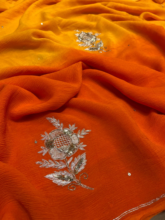 SHADED PURE CHIFFON HAND EMBROIDERED SAREE WITH CREPE SILK BLOUSE EMBELLISHED WOTH AARI & SEQUINS WORK - Kothari Sons