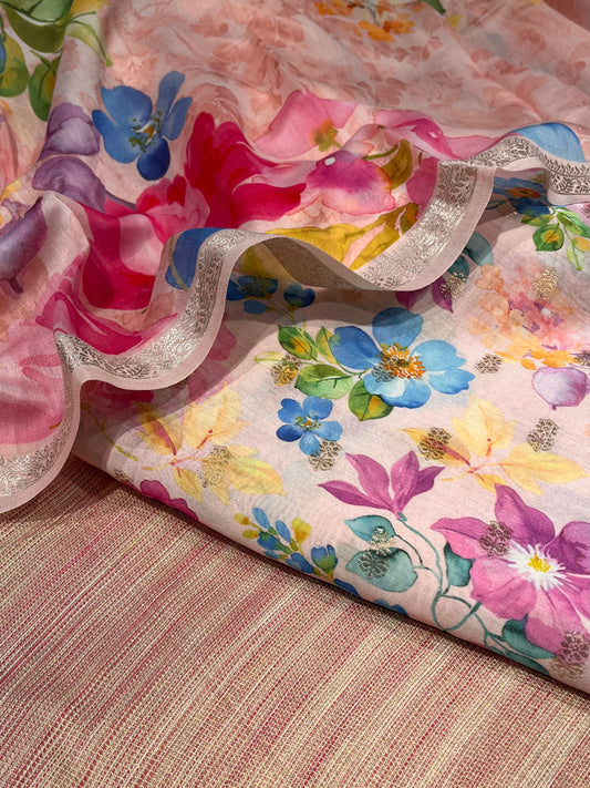 PINK COLOUR CHANDERI SILK UNSTITCHED SUIT EMBELLISHED WITH ZARI BORDER