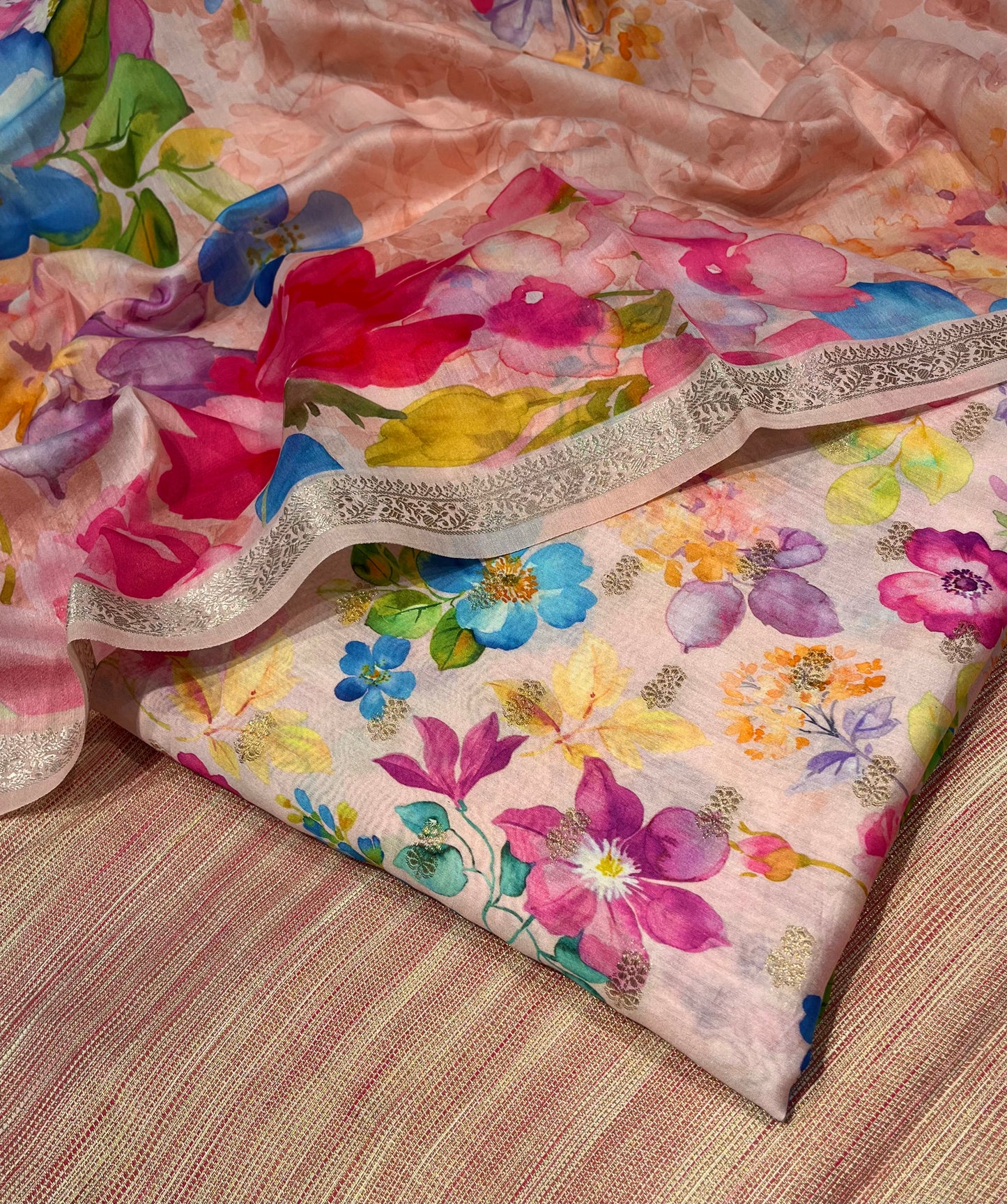 PINK COLOUR CHANDERI SILK UNSTITCHED SUIT EMBELLISHED WITH ZARI BORDER