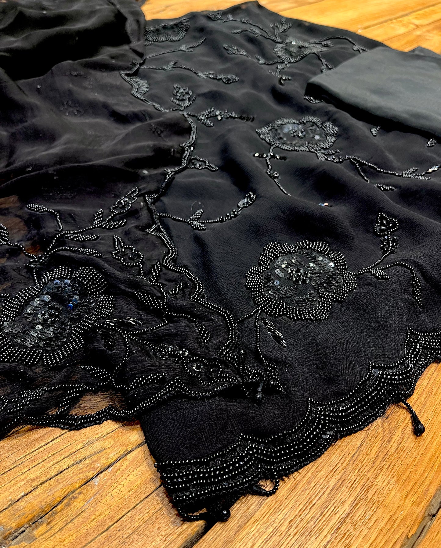 BLACK COLOUR GEORGETTE EMBROIDERED UNSTITCHED SUIT WITH CHIFFON DUPATTA EMBELLISHED WITH BEADS & SEQUINS WORK - Kothari Sons