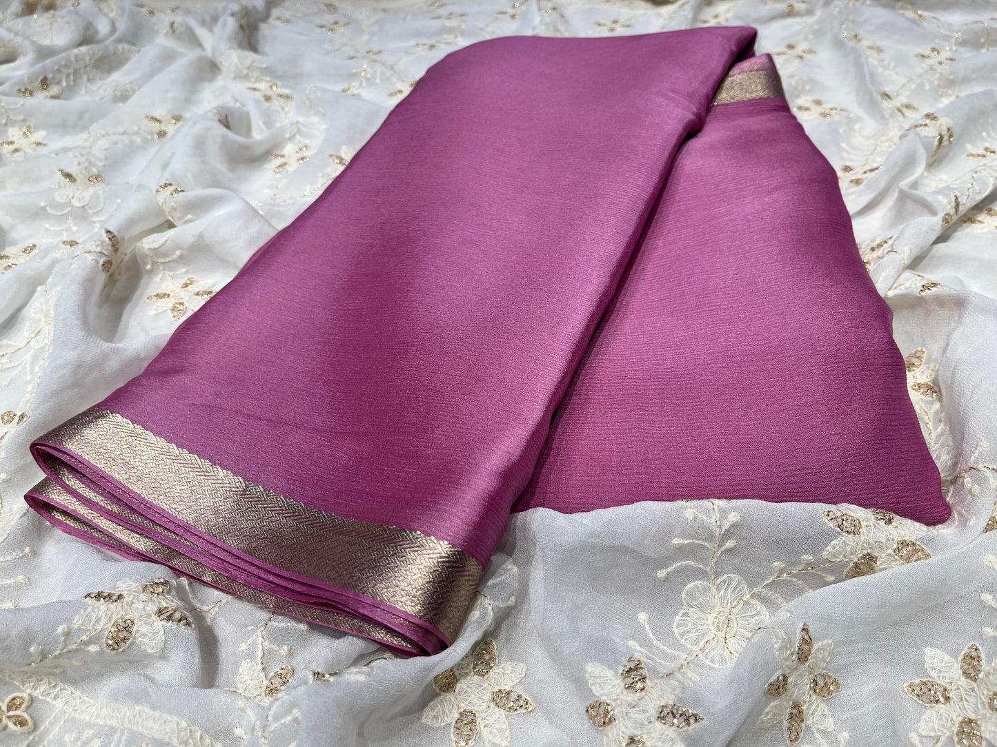 LAVENDER COLOUR PURE CHIFFON SAREE WITH ZARI BORDER
