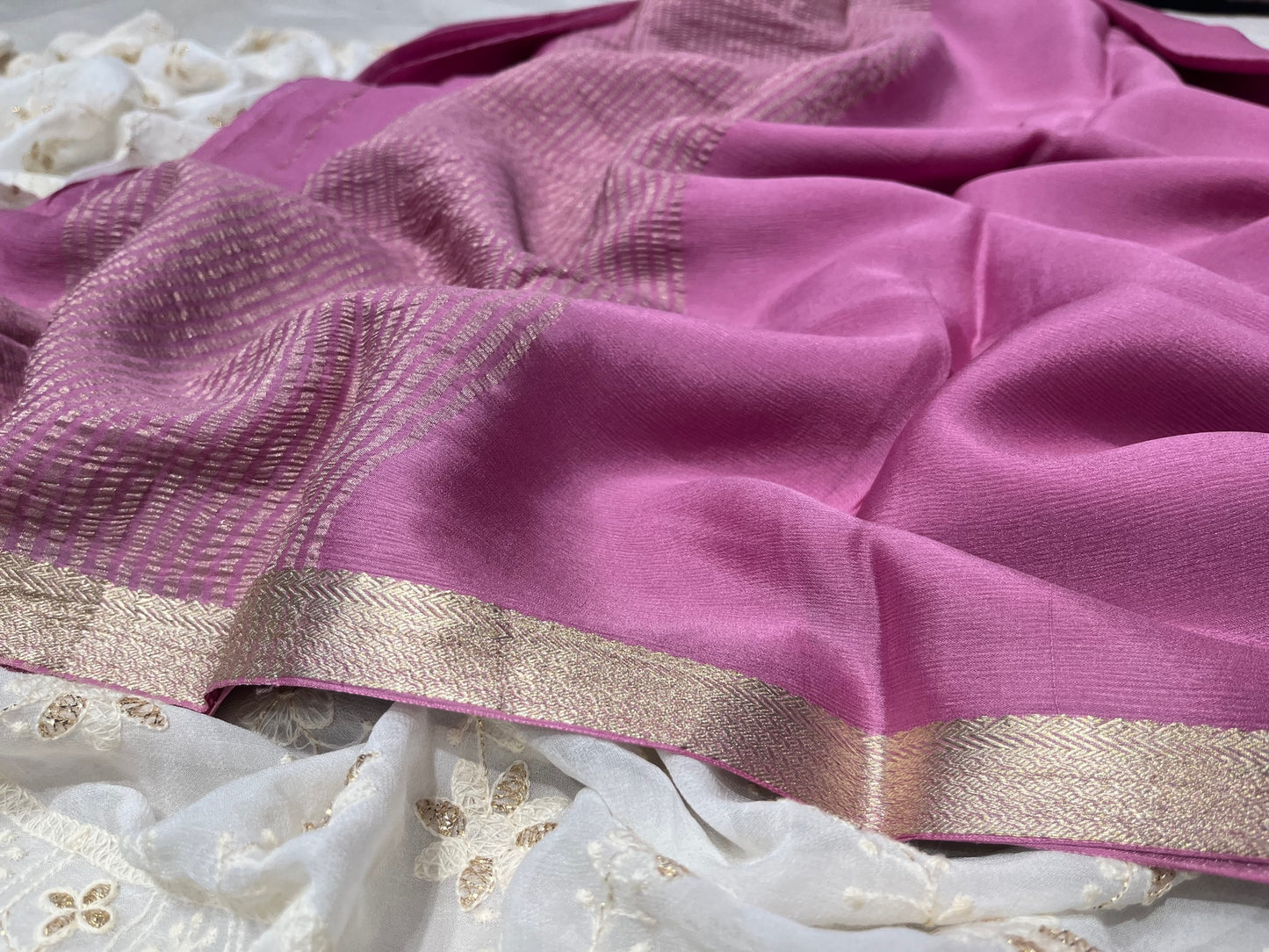 LAVENDER COLOUR PURE CHIFFON SAREE WITH ZARI BORDER