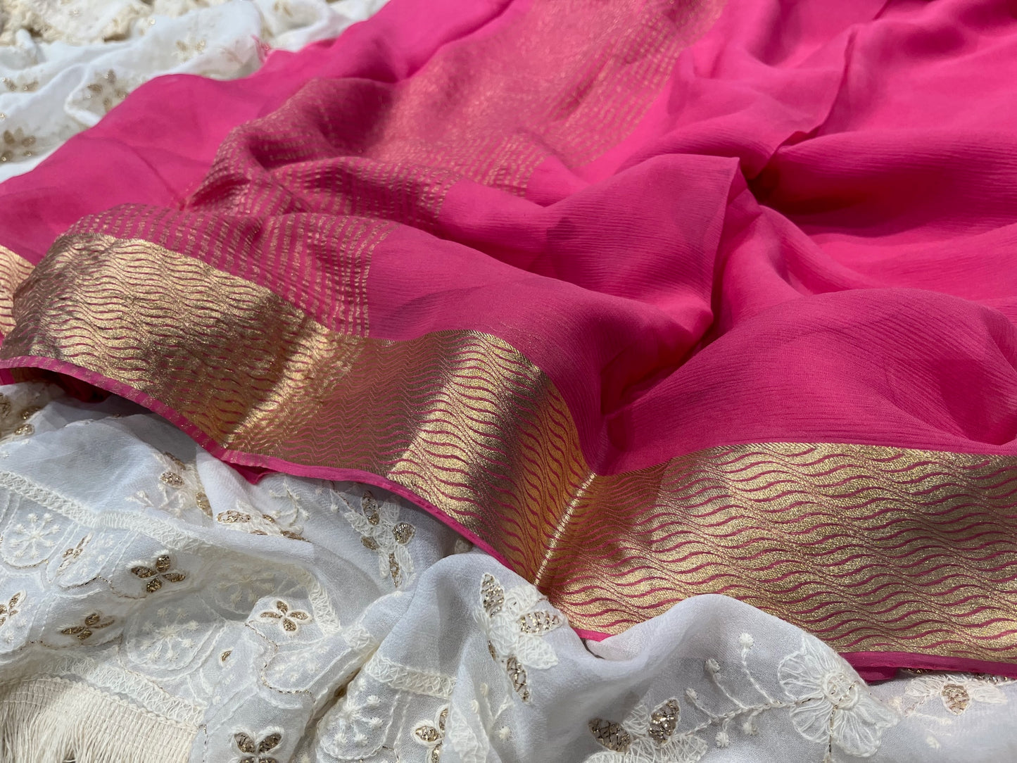 PINK COLOUR PURE CHIFFON SAREE WITH ZARI BORDER