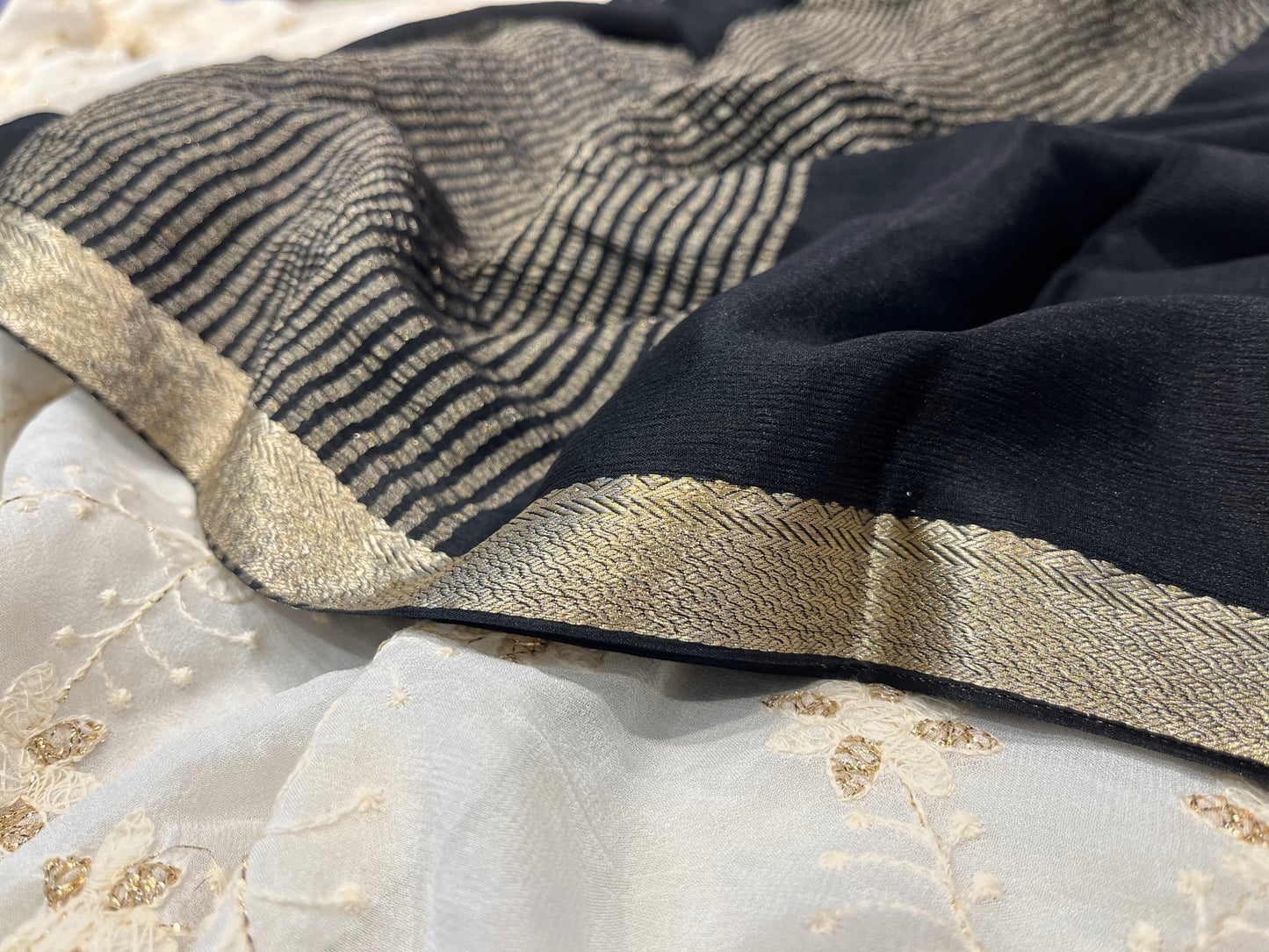 ( DELIVERY IN 25 DAYS ) BLACK COLOUR PURE CHIFFON SAREE WITH ZARI BORDER
