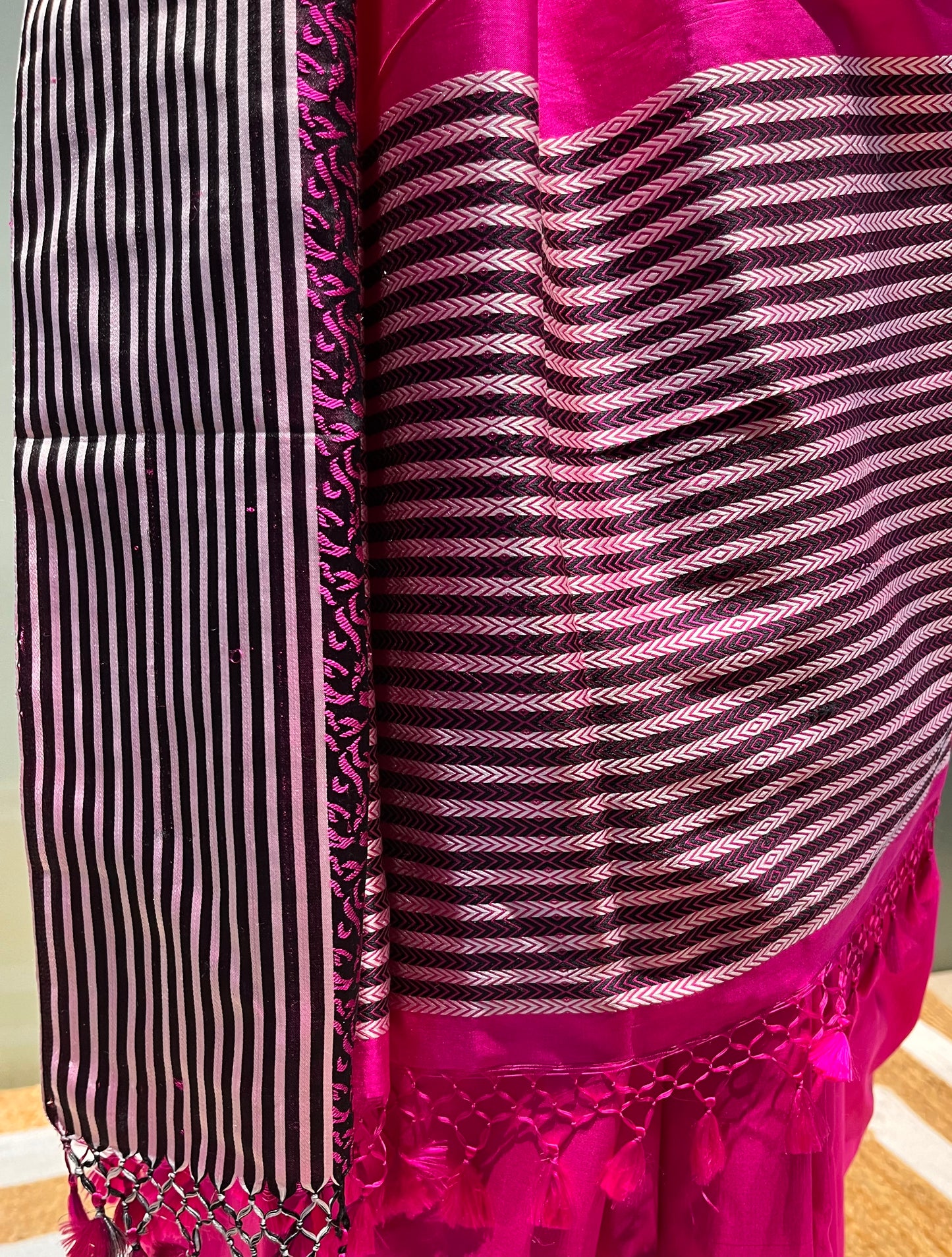 RANI COLOUR PURE KATAN SILK SAREE WITH RESHAM STRIPES BORDER