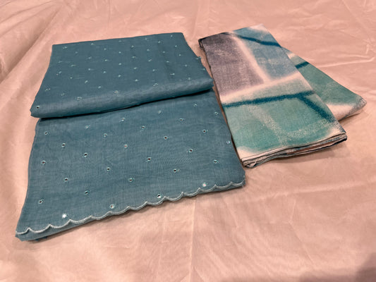 BLUE COLOUR COTYON SILK MIRROR WORK SCALLOPED BORDER SAREE WITH READYMADE BLOUSE