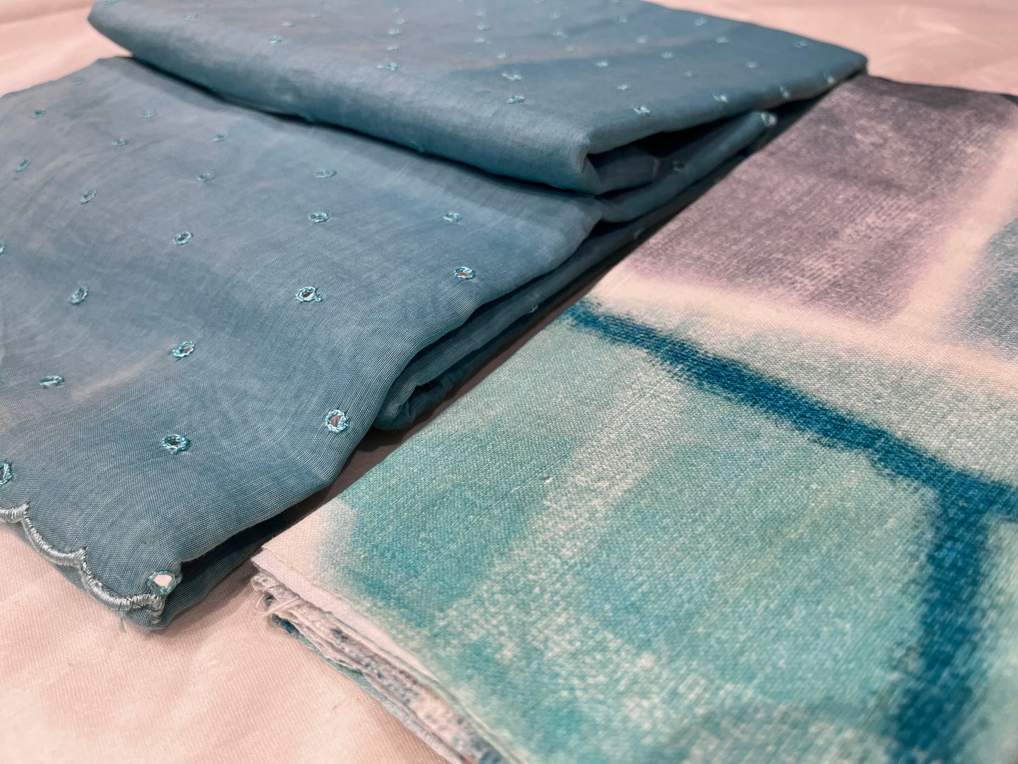 BLUE COLOUR COTYON SILK MIRROR WORK SCALLOPED BORDER SAREE WITH READYMADE BLOUSE