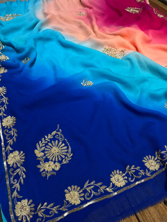 SHADED PLATINUM CHIFFON HAND EMBROIDERED SAREE WITH CREPE SILK BLOUSE EMBELLISHED WITH SEQUINS & ZARDOZI WORK - Kothari Sons