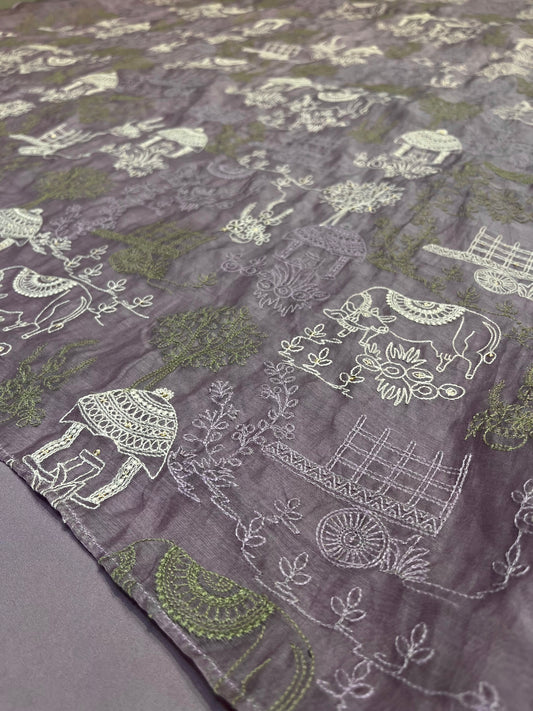 LAVENDER COLOUR MUL CHANDERI EMBROIDERED UNSTITCHED CO-ORD SET EMBELLISHED WITH RESHAM WORK BY SIDDHAIKA - Kothari Sons