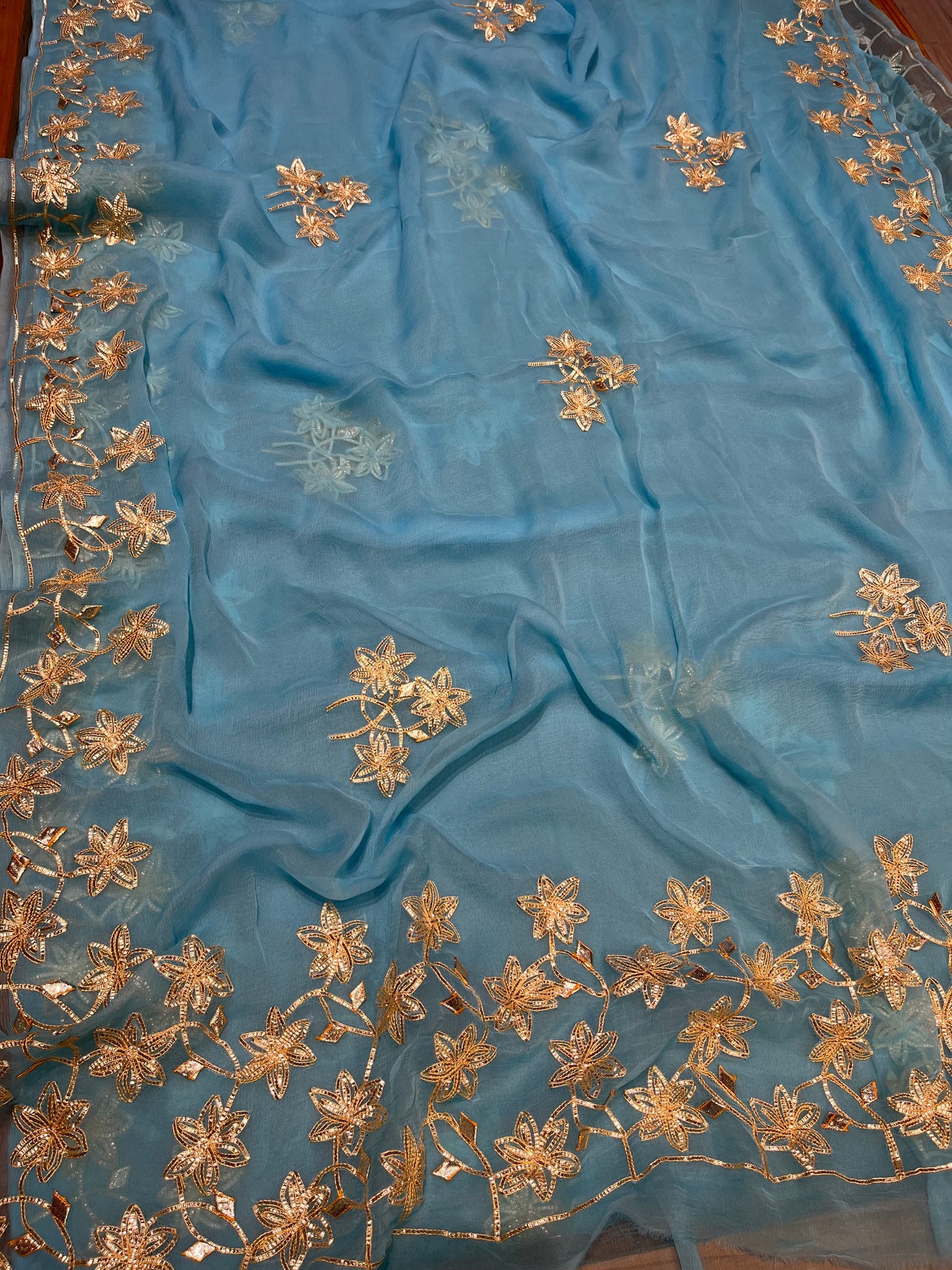 SKY BLUE CHIFFON GOTA PATTI WORK SAREE WITH MATCHING BLOUSE ( DELIVERY IN 25 DAYS ) - Kothari Sons