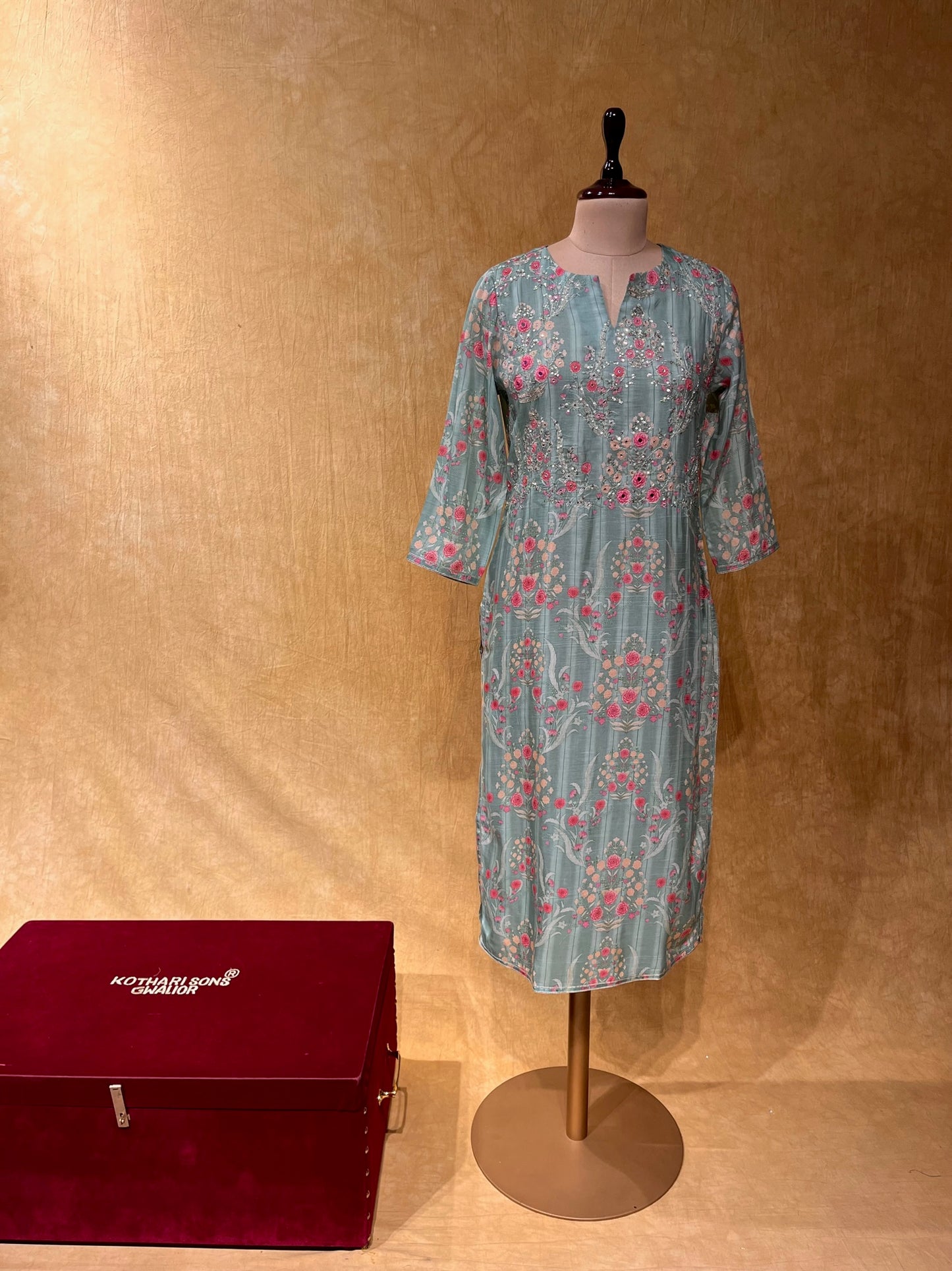 PASTEL GREEN COLOUR MUSLIN SILK PRINTED KURTI EMBELLISHED WITH AARI & SEQUINS WORK