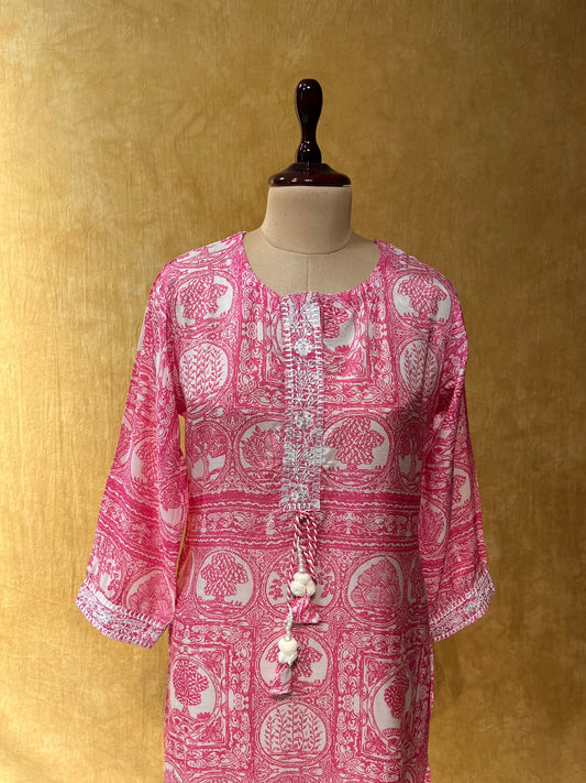 PINK COLOUR PRINTED MUSLIN SILK KURTI EMBELLISHED WITH RESHAM EMBROIDERY