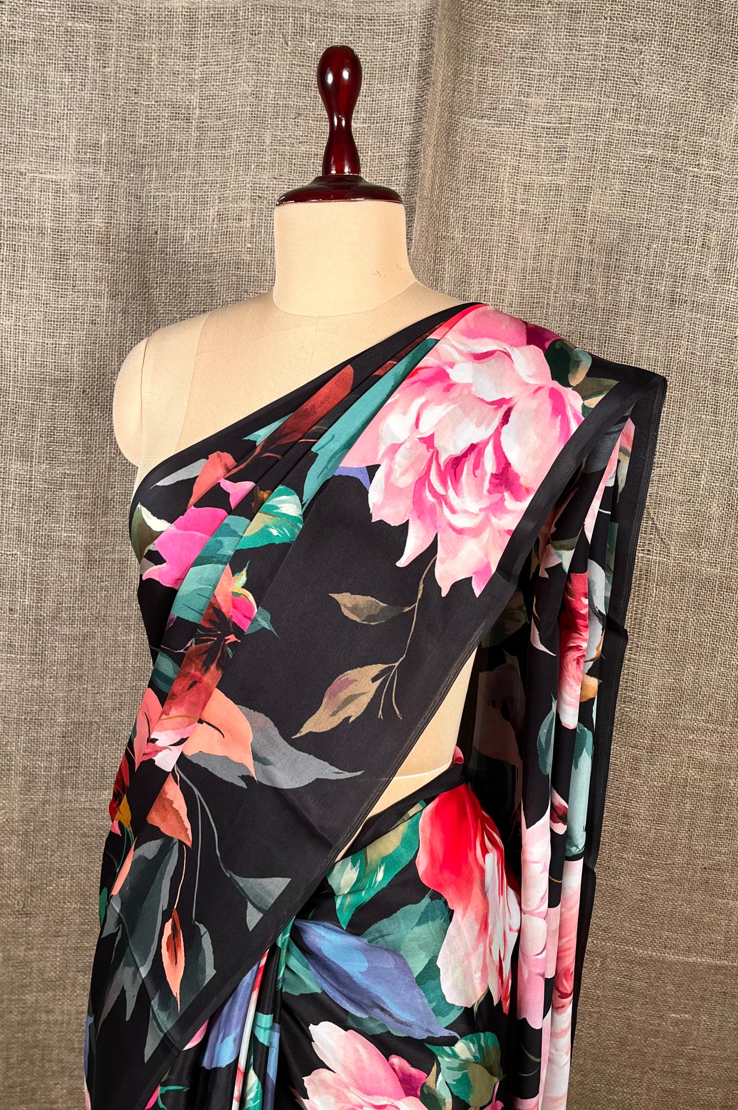 BLACK COLOUR PURE SATIN SILK PRINTED SAREE