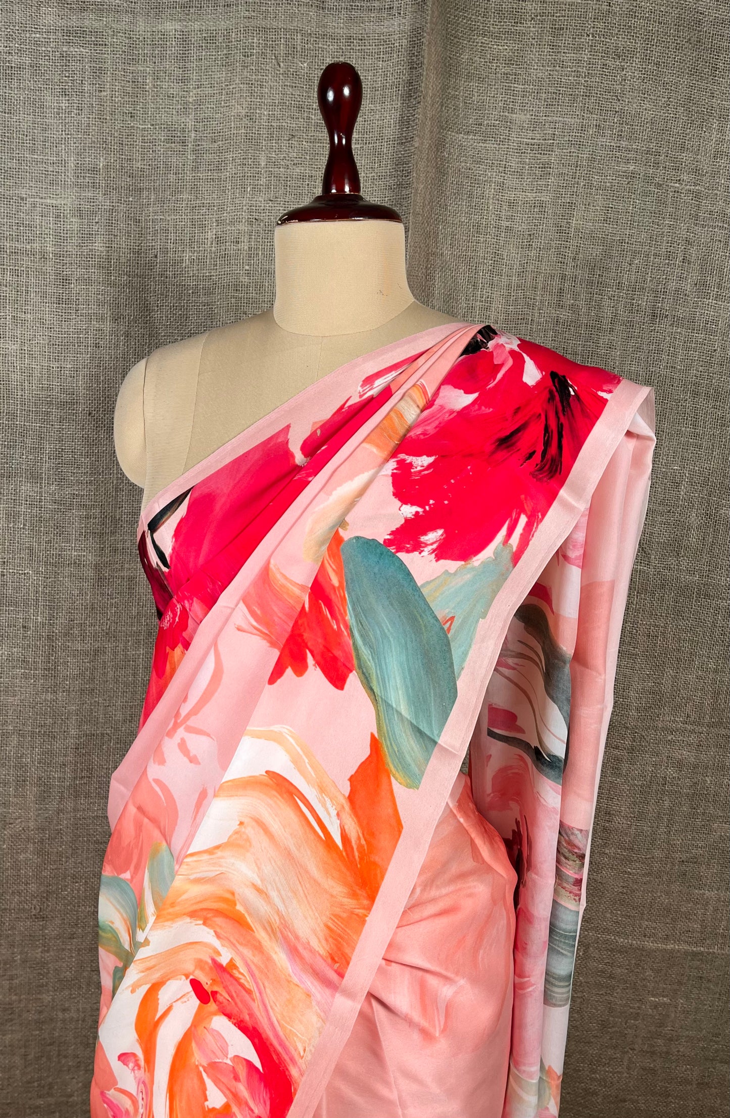 PEACH COLOUR PURE SATIN SILK PRINTED SAREE