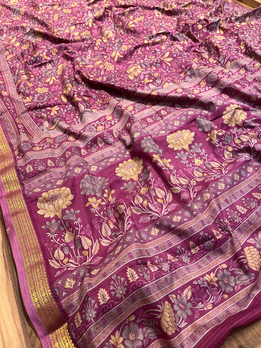 ONION COLOUR ART CREPE SILK PRINTED SAREE WITH ZARI BORDER (DELIVERY TIME 15 DAYS)