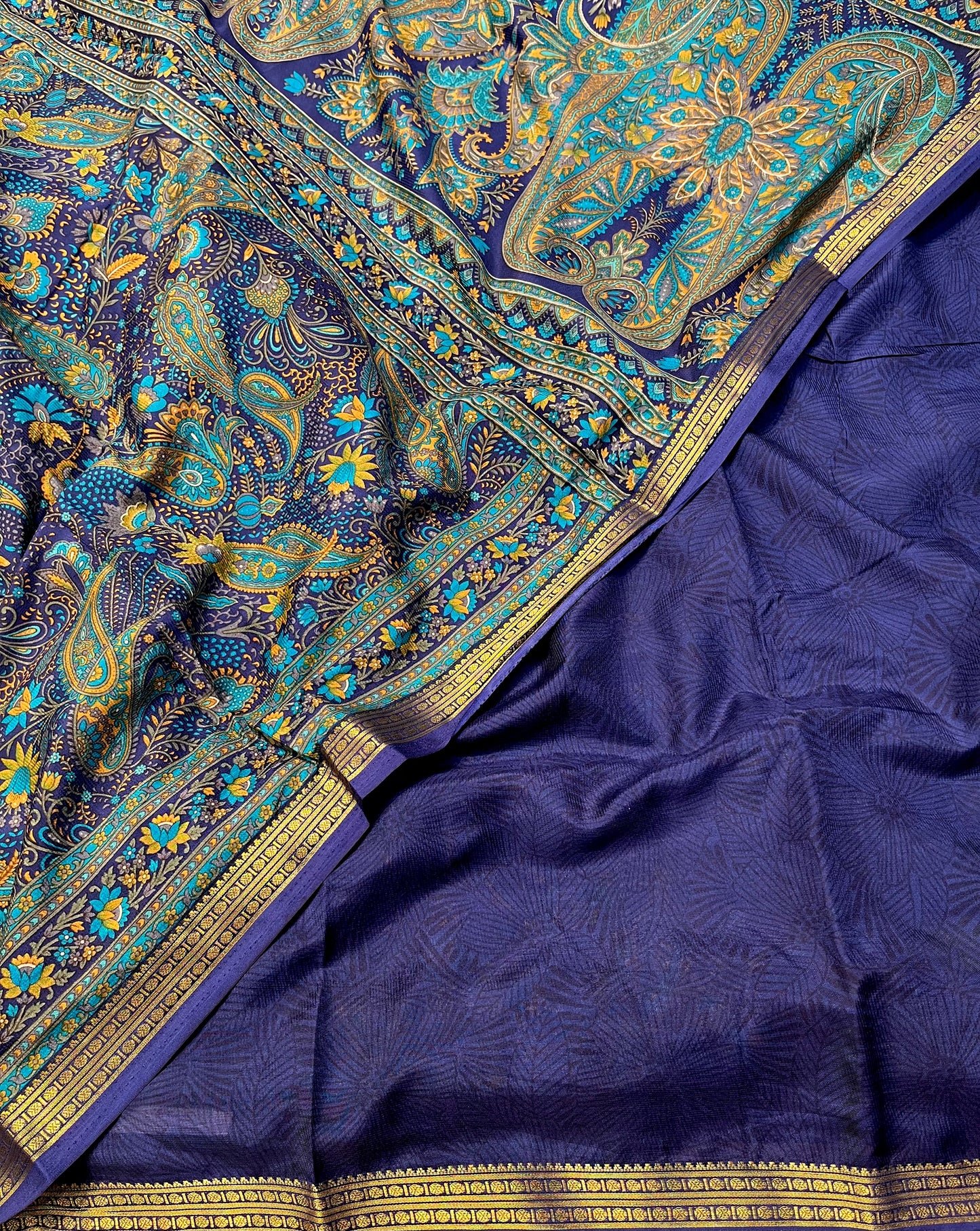 NAVY BLUE ART CREPE SILK PRINTED SAREE WITH ZARI BORDER (DELIVERY TIME 15 DAYS)