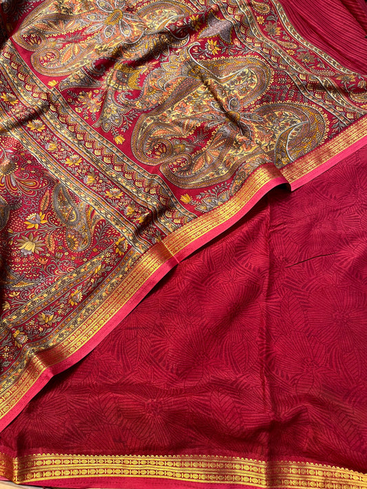 RED ART CREPE SILK PRINTED SAREE WITH ZARI BORDER (DELIVERY TIME 15 DAYS)