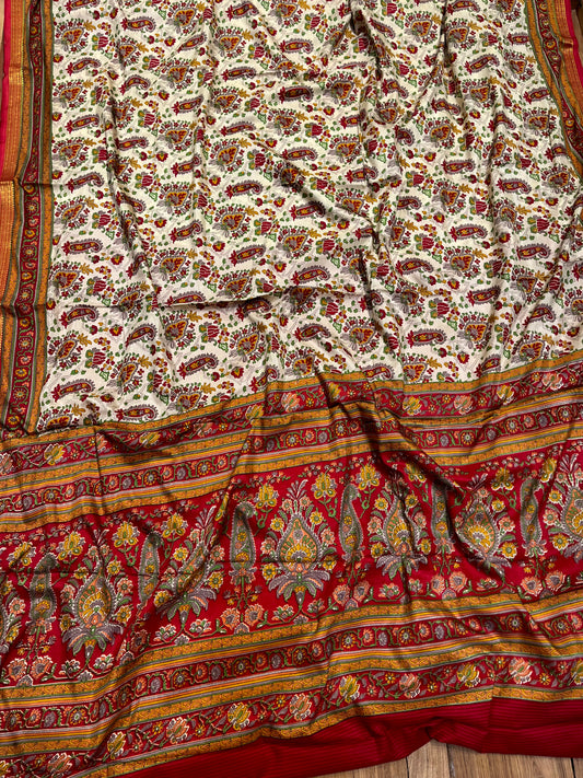WHITE & RED ART CREPE SILK PRINTED SAREE WITH ZARI BORDER (DELIVERY TIME 15 DAYS)