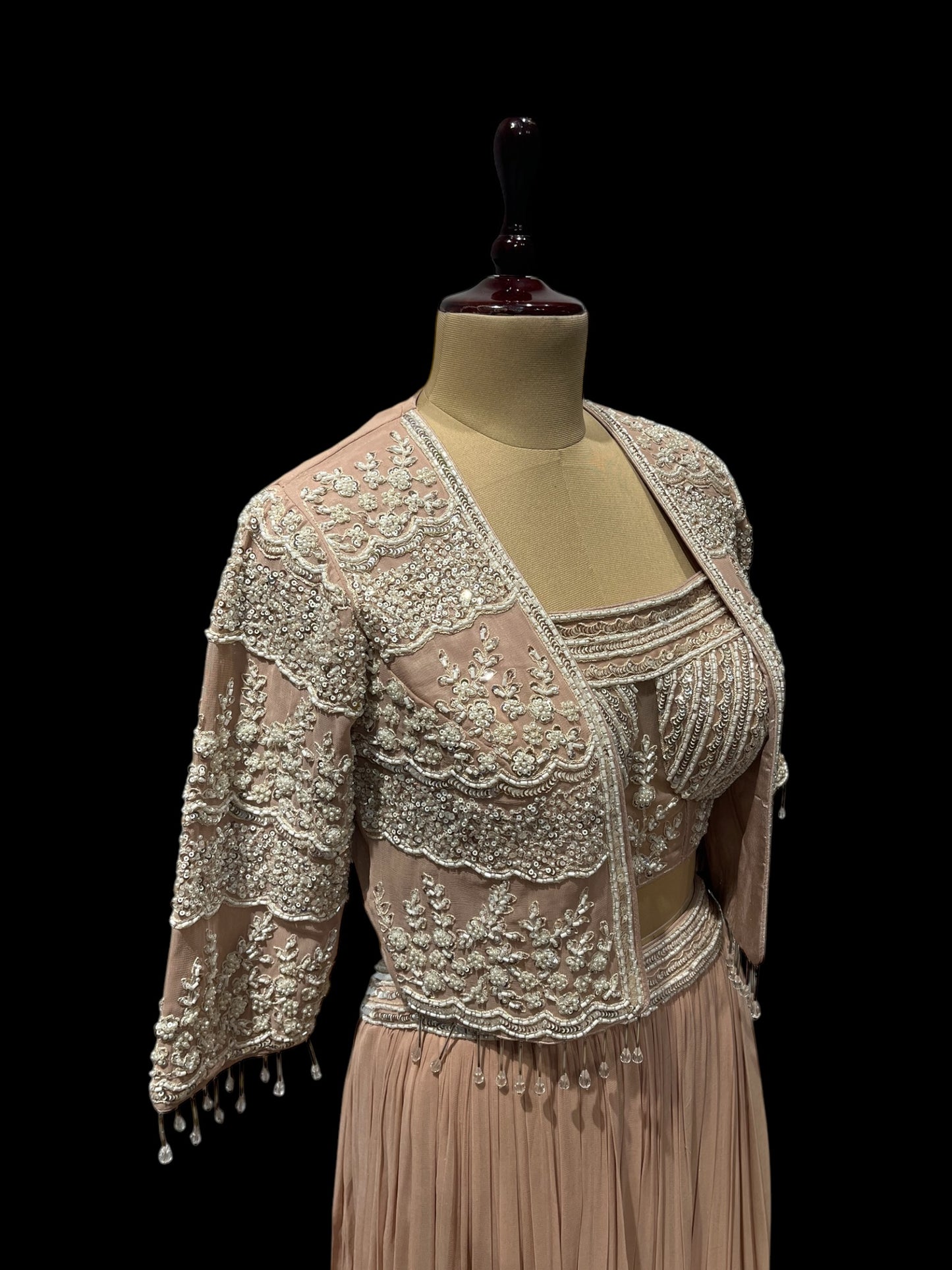 ELEGANT PEACH GEORGETTE THREE PIECE SET WITH DELICATE PEARL WORK