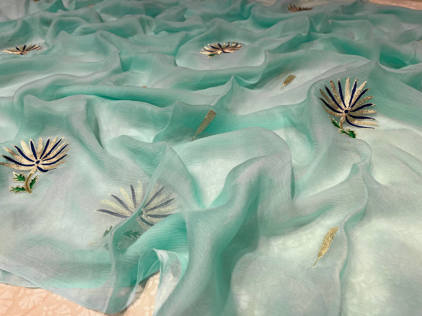 (DELIVERY IN 25 DAYS) AQUA COLOUR CHIFFON EMBROIDERED SAREE EMBELLISHED WITH AARI WORK
