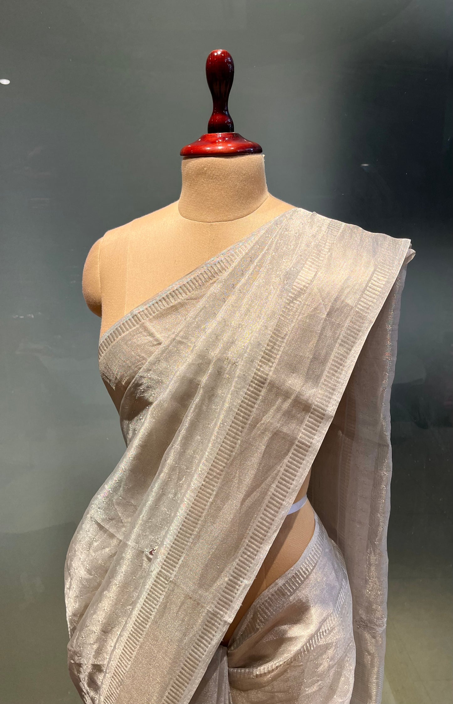 ( DELIVERY IN 25 DAYS ) SILVER COLOUR TISSUE NET HANDLOOM HAND EMBROIDERED SAREE EMBELLISHED WITH SEQUINS & BEADS WORK