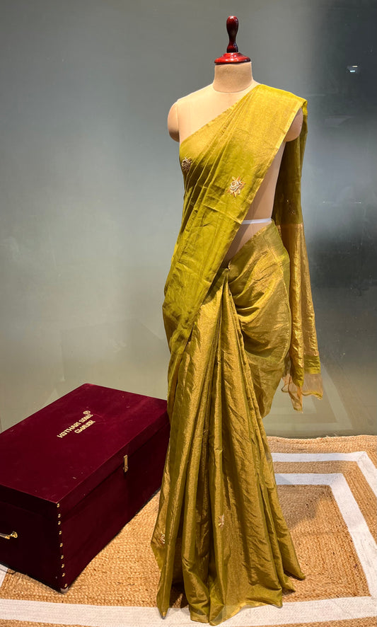 GREEN COLOUR CHANDERI TISSUE HAND EMBROIDERED SAREE EMBELLISHED WITH ZARDOZI & SEQUINS WORK